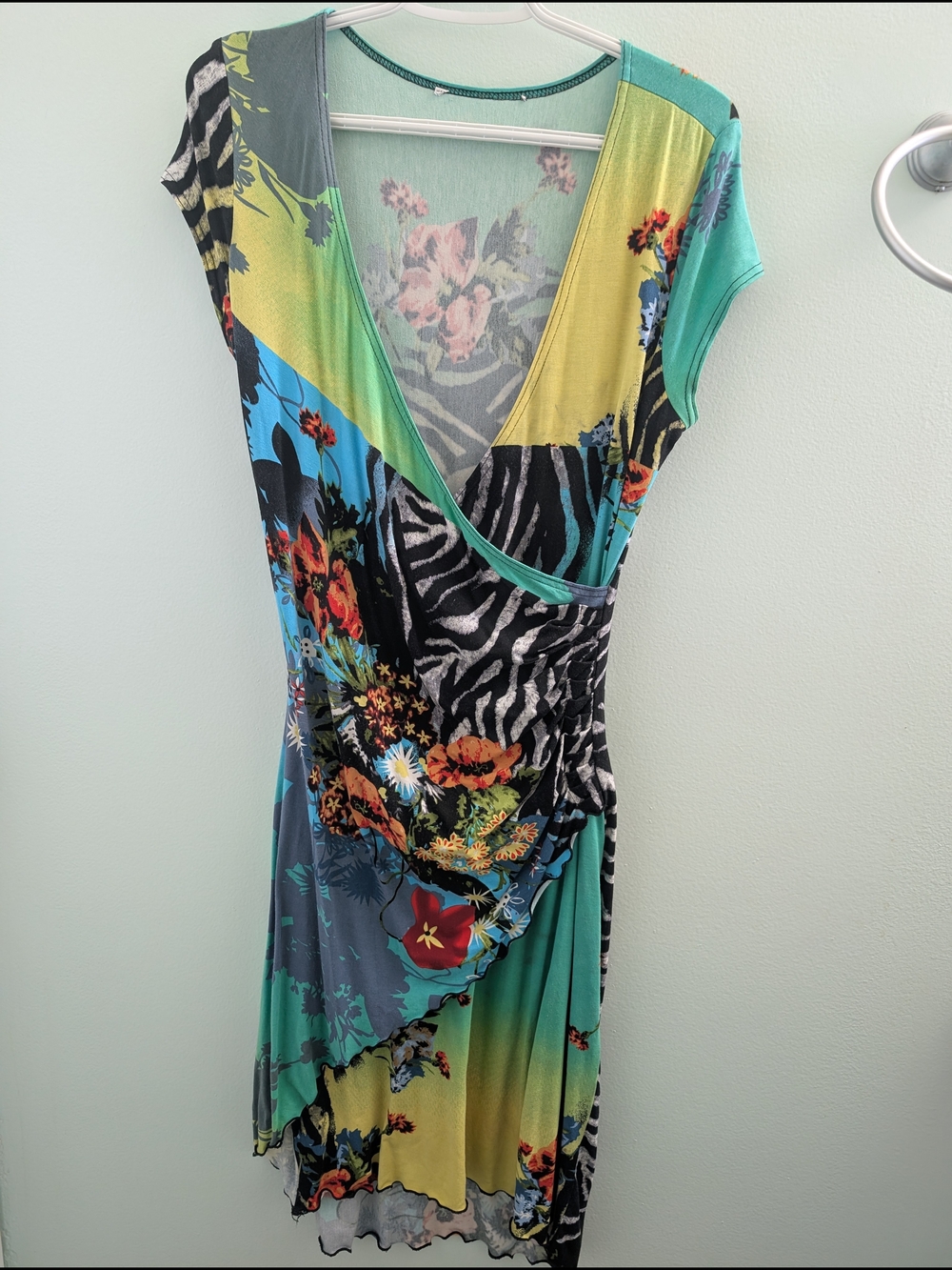 Asymmetrical Multicolor Floral & Zebra Print Wrap Dress - Turquoise/Yellow